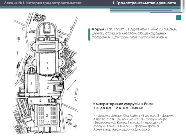 1. Градостроительство древности Лекция №1. История градостроительства Императорские форумы в Риме