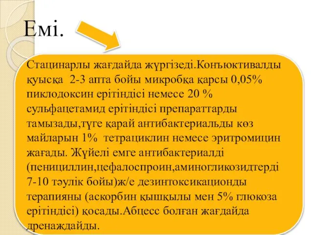 Стацинарлы жағдайда жүргізеді.Конъюктивалды қуысқа 2-3 апта бойы микробқа қарсы 0,05% пиклодоксин