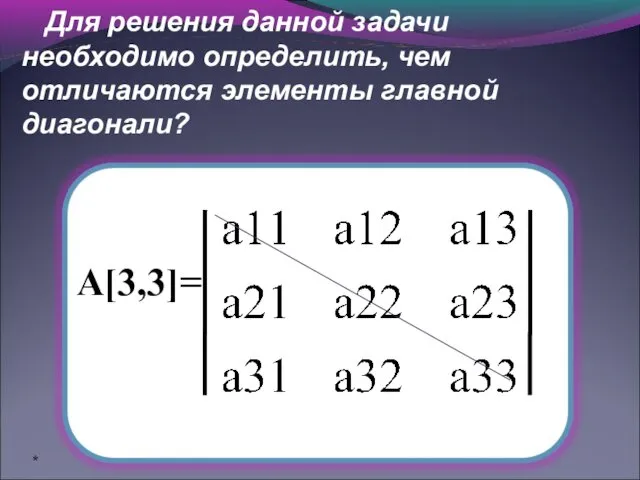 Для решения данной задачи необходимо определить, чем отличаются элементы главной диагонали? А[3,3]= *