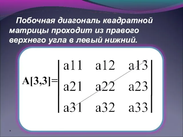 Побочная диагональ квадратной матрицы проходит из правого верхнего угла в левый нижний. А[3,3]= *