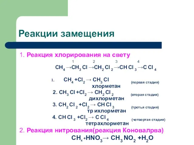 Реакции замещения 1. Реакция хлорирования на свету 1 2 3 4