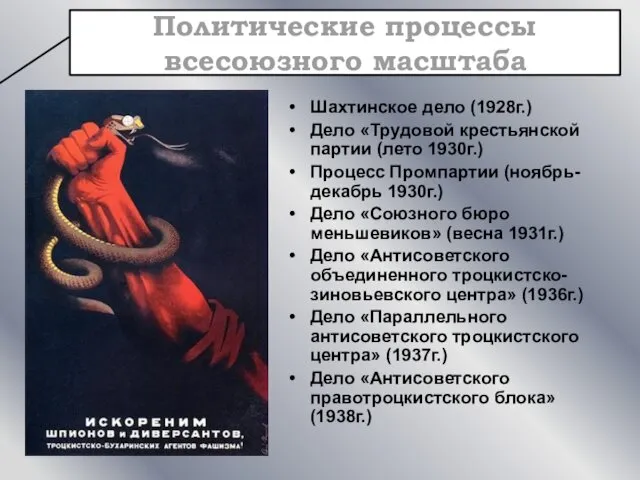 Шахтинское дело (1928г.) Дело «Трудовой крестьянской партии (лето 1930г.) Процесс Промпартии