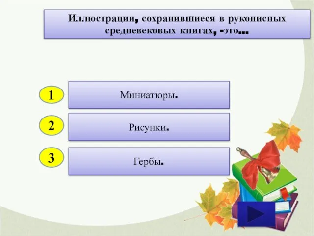 2 3 Рисунки. Гербы. Миниатюры. 1 Иллюстрации, сохранившиеся в рукописных средневековых книгах, -это…