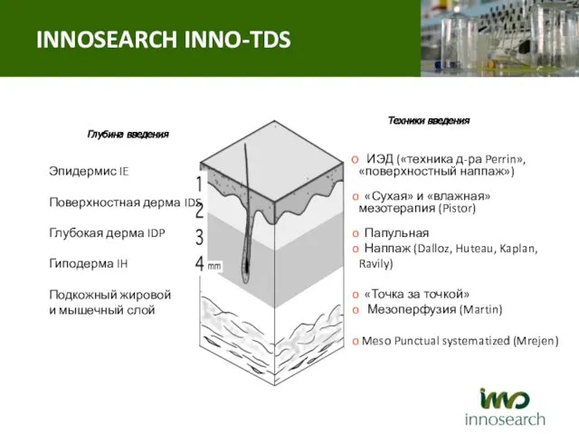 Глубина введения Эпидермис IE Поверхностная дерма IDS Глубокая дерма IDP Гиподерма