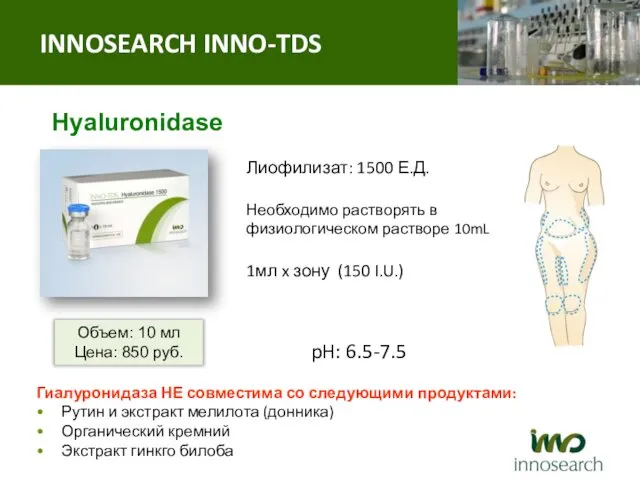 Hyaluronidase Лиофилизат: 1500 Е.Д. Необходимо растворять в физиологическом растворе 10mL 1мл