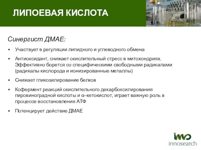 Синергист ДМАЕ: Участвует в регуляции липидного и углеводного обмена Антиоксидант, снижает