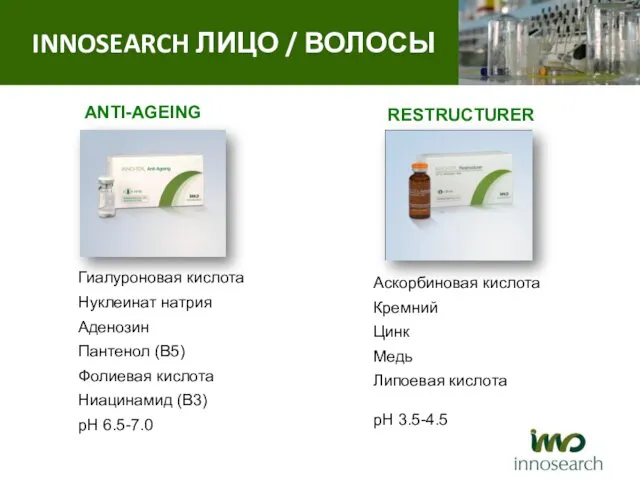 ANTI-AGEING Аскорбиновая кислота Кремний Цинк Медь Липоевая кислота pH 3.5-4.5 Гиалуроновая