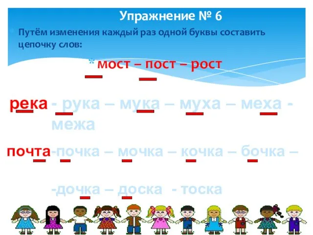 Упражнение № 6 Путём изменения каждый раз одной буквы составить цепочку