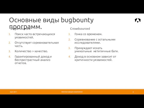 Single-sourced Поиск часто-встречающихся уязвимостей. Отсутствует соревновательная часть. Количество > качество. Гарантированный