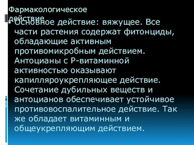 Фармакологическое действие Основное действие: вяжущее. Все части растения содержат фитонциды, обладающие