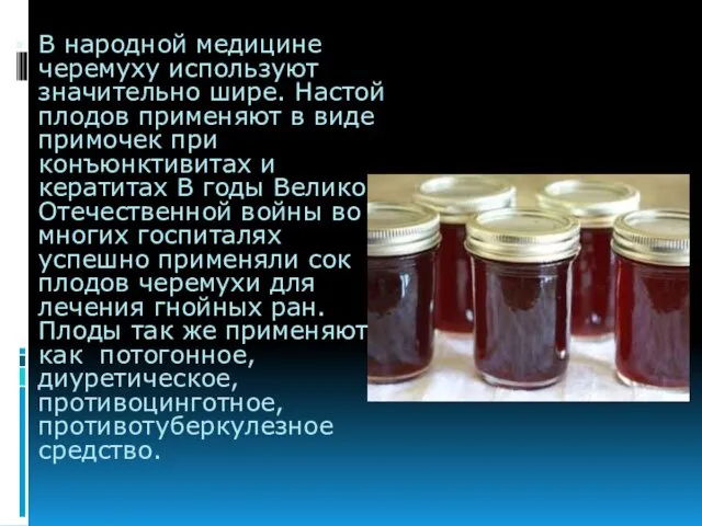 В народной медицине черемуху используют значительно шире. Настой плодов применяют в