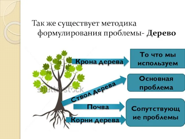 Так же существует методика формулирования проблемы- Дерево Крона дерева Корни дерева