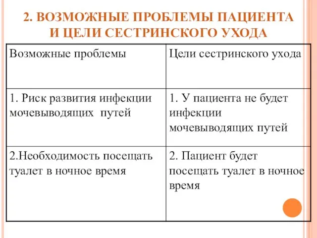 2. ВОЗМОЖНЫЕ ПРОБЛЕМЫ ПАЦИЕНТА И ЦЕЛИ СЕСТРИНСКОГО УХОДА