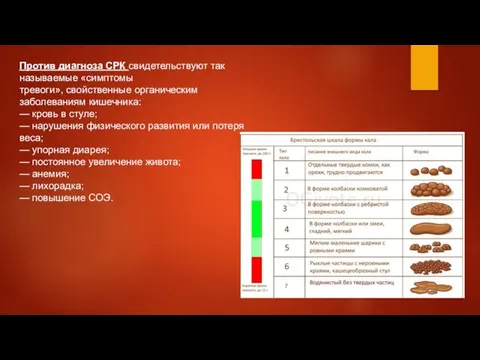 Против диагноза СРК свидетельствуют так называемые «симптомы тревоги», свойственные органическим заболеваниям