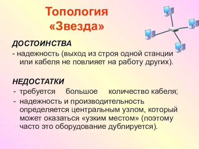 Топология «Звезда» ДОСТОИНСТВА - надежность (выход из строя одной станции или