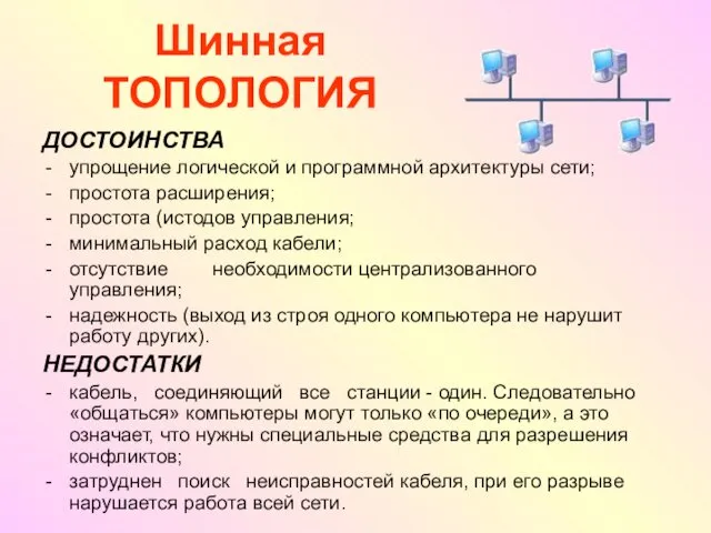 Шинная ТОПОЛОГИЯ ДОСТОИНСТВА упрощение логической и программной архитектуры сети; простота расширения;