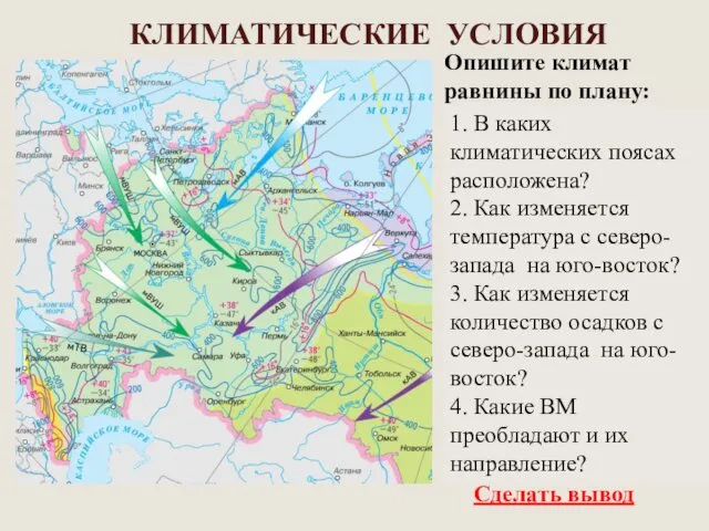 КЛИМАТИЧЕСКИЕ УСЛОВИЯ Опишите климат равнины по плану: Сделать вывод Климат умеренно-континетальный,