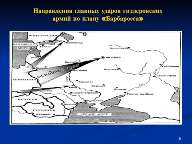 Направления главных ударов гитлеровских армий по плану «Барбаросса»