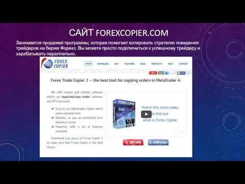 САЙТ FOREXCOPIER.COM Занимается продажей программы, которая помогает копировать стратегии поведения трейдеров