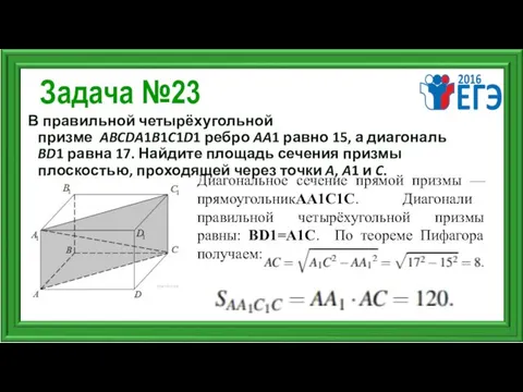 Задача №23 В правильной четырёхугольной призме ABCDA1B1C1D1 ребро AA1 равно 15,