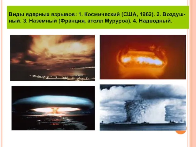 Виды ядерных взрывов: 1. Космический (США, 1962). 2. Воздуш-ный. 3. Наземный (Франция, атолл Муруроа). 4. Надводный.