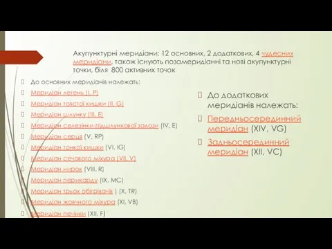 Акупунктурні меридіани: 12 основних, 2 додаткових, 4 чудесних меридіани, також існують