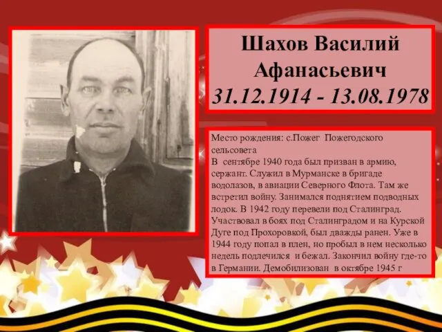 Шахов Василий Афанасьевич 31.12.1914 - 13.08.1978 Место рождения: с.Пожег Пожегодского сельсовета