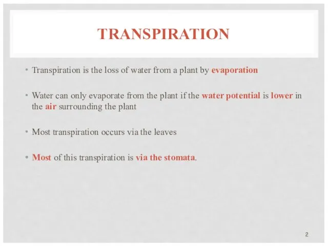 TRANSPIRATION Transpiration is the loss of water from a plant by