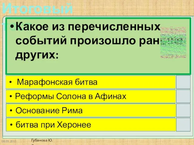 06.09.2015 Какое из перечисленных событий произошло раньше других: Марафонская битва Реформы