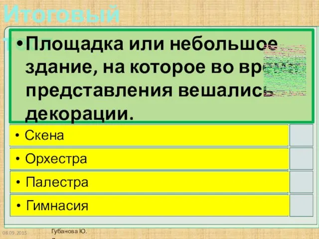 06.09.2015 Площадка или небольшое здание, на которое во время представления вешались декорации. Скена Орхестра Палестра Гимнасия