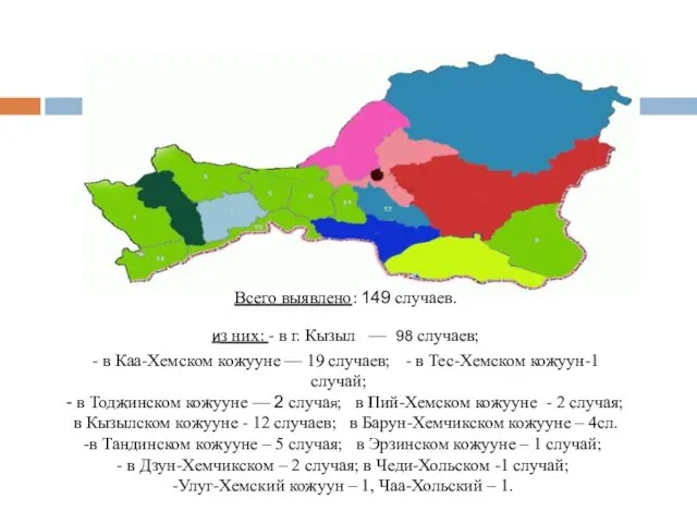 Всего выявлено: 149 случаев. из них: - в г. Кызыл —