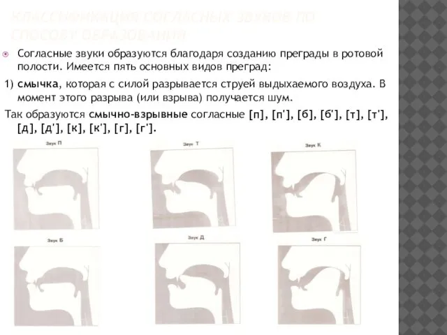 КЛАССИФИКАЦИЯ СОГЛАСНЫХ ЗВУКОВ ПО СПОСОБУ ОБРАЗОВАНИЯ Согласные звуки образуются благодаря созданию