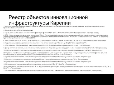 Реестр объектов инновационной инфраструктуры Карелии 1.Фонд по содействию кредитованию субъектов малого