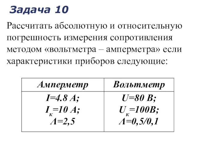 Рассчитать абсолютную и относительную погрешность измерения сопротивления методом «вольтметра – амперметра»