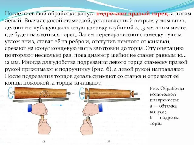 Рис. Обработка конической поверхности: а — обточка конуса; б — подрезка