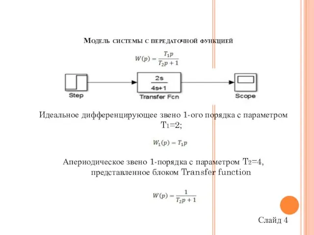 Модель системы с передаточной функцией Идеальное дифференцирующее звено 1-ого порядка с