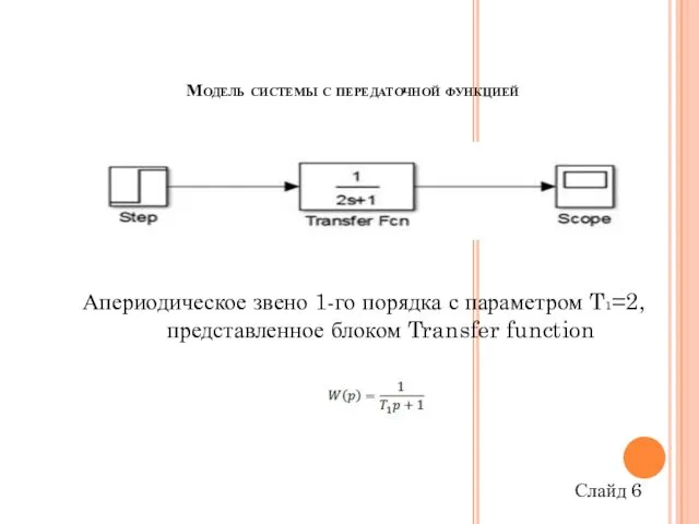 Модель системы с передаточной функцией Апериодическое звено 1-го порядка с параметром