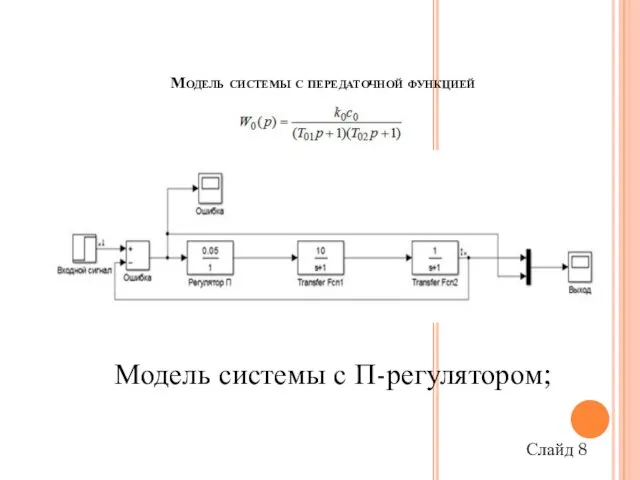 Модель системы с передаточной функцией Модель системы с П-регулятором; Слайд 8