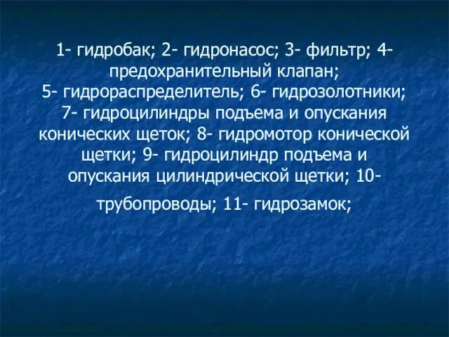 1- гидробак; 2- гидронасос; 3- фильтр; 4- предохранительный клапан; 5- гидрораспределитель;