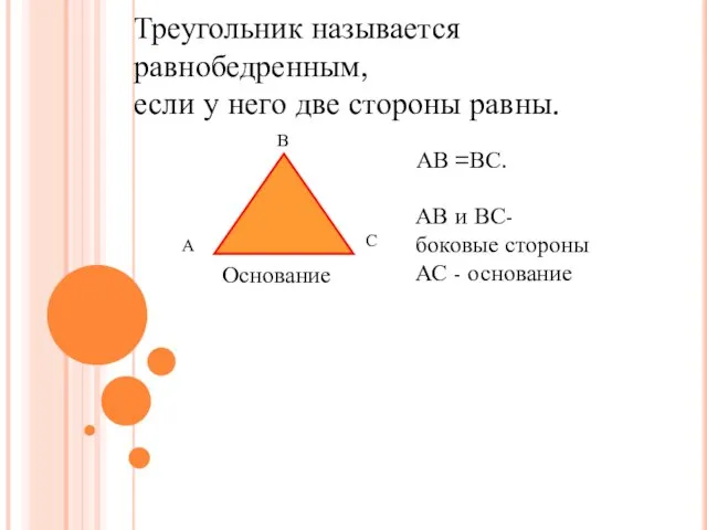 Треугольник называется равнобедренным, если у него две стороны равны. А В