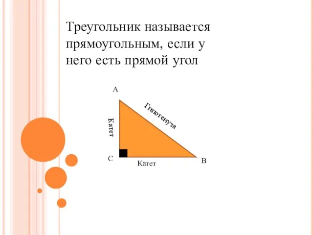 Треугольник называется прямоугольным, если у него есть прямой угол А В С Гипотенуза Катет Катет