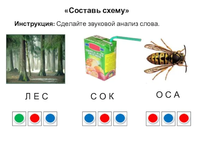 «Составь схему» Инструкция: Сделайте звуковой анализ слова. Л Е С О С А С О К