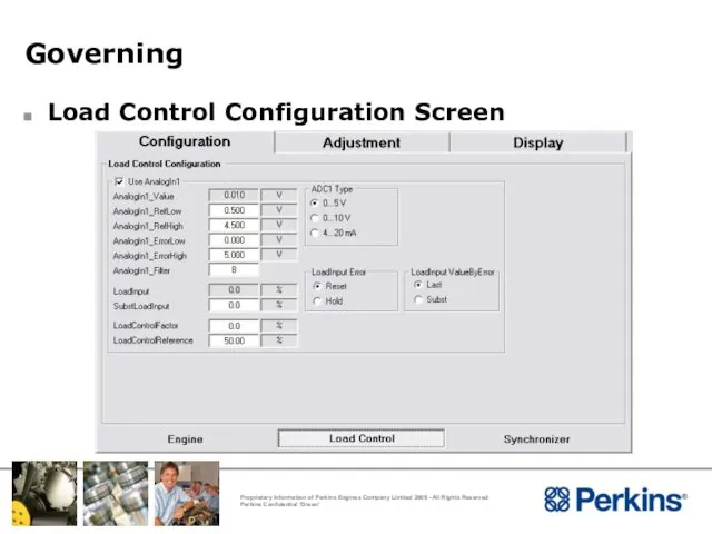 Governing Load Control Configuration Screen
