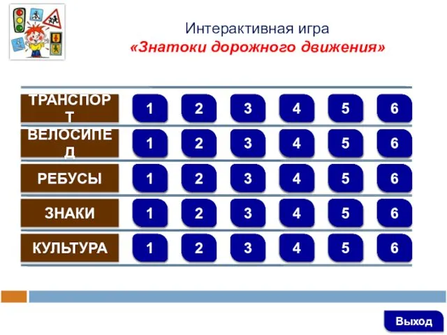 Интерактивная игра «Знатоки дорожного движения» ТРАНСПОРТ ВЕЛОСИПЕД РЕБУСЫ ЗНАКИ КУЛЬТУРА 1