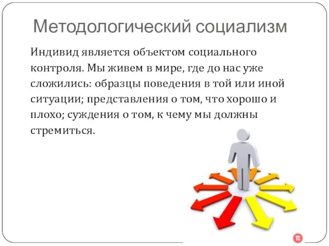 Методологический социализм Индивид является объектом социального контроля. Мы живем в мире,