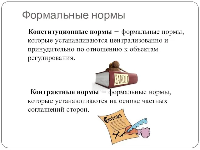 Конституционные нормы – формальные нормы, которые устанавливаются централизованно и принудительно по