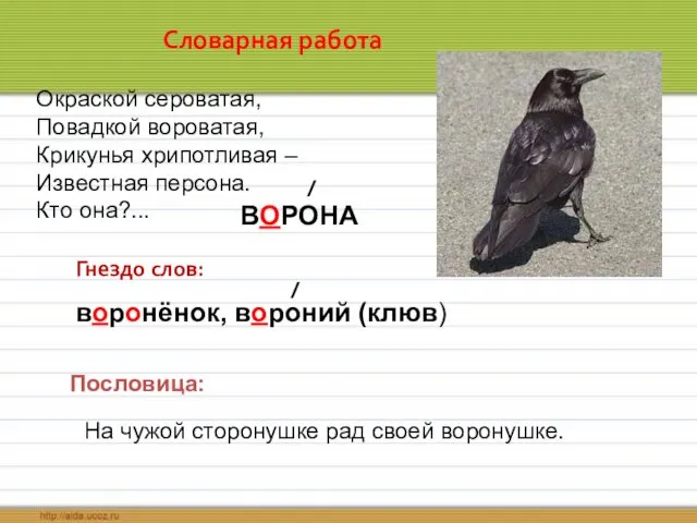 Словарная работа Окраской сероватая, Повадкой вороватая, Крикунья хрипотливая – Известная персона.