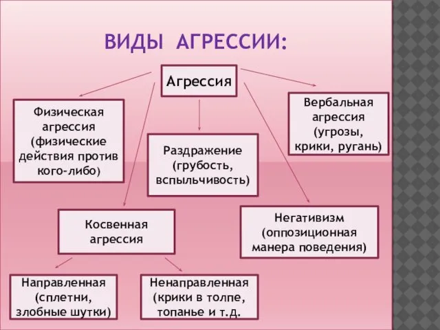 ВИДЫ АГРЕССИИ: Агрессия Физическая агрессия (физические действия против кого-либо) Раздражение (грубость,