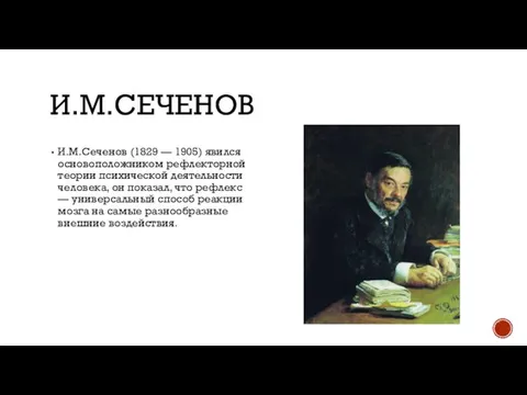 И.М.СЕЧЕНОВ И.М.Сеченов (1829 — 1905) явился основоположником рефлекторной теории психической деятельности