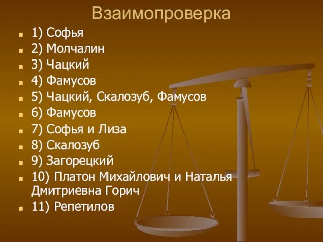 Взаимопроверка 1) Софья 2) Молчалин 3) Чацкий 4) Фамусов 5) Чацкий,